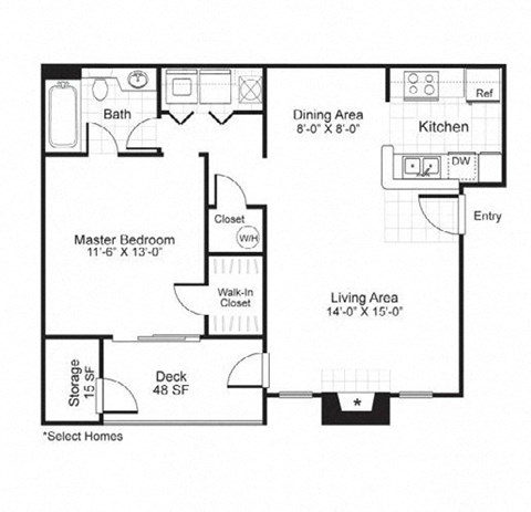 Floor plan for 1 bed, 1 bath, 782 sqft